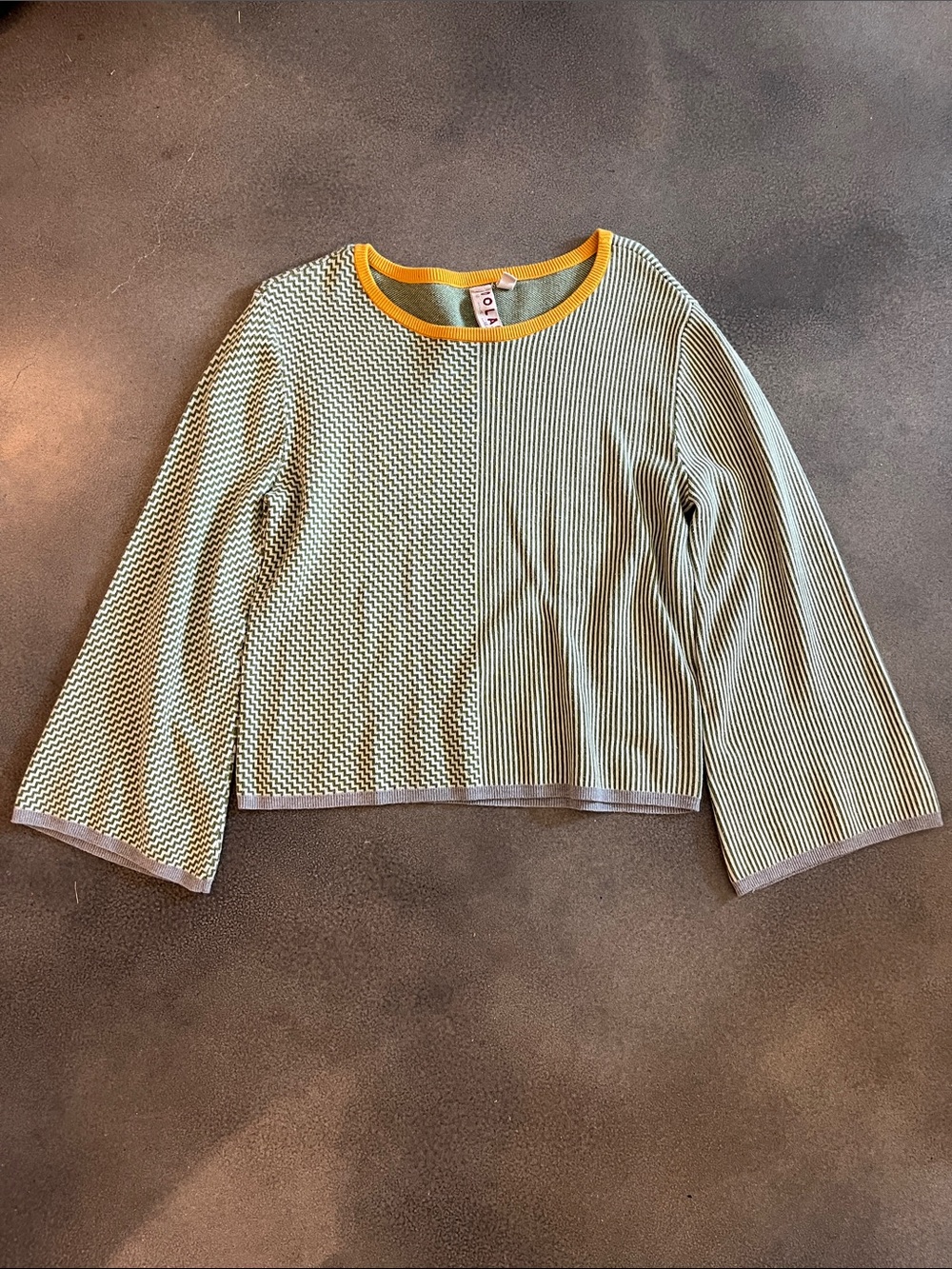 dolan Green & Cream Striped Crewneck Sweater with Yellow Trim Size Small
